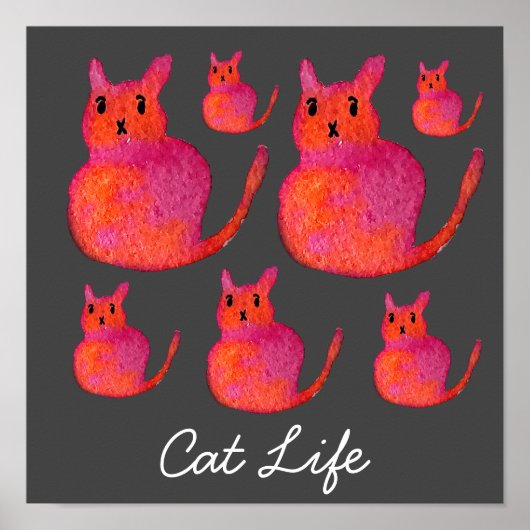 Cute roze whimsical cat waterverf illustratie poster (Voorkant)