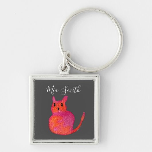 Cute roze whimsical cat waterverf illustratie sleutelhanger (Voorkant)