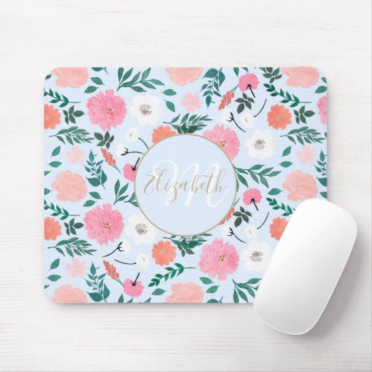 Cute roze & White floral Paint Light blue design Muismat (Met muis)