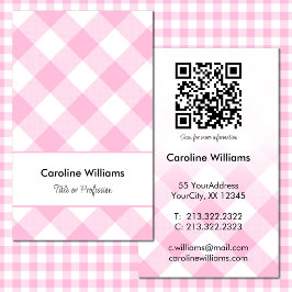 Cute Roze Witte Gingham Schotlandse Ruit QR-code Visitekaartje