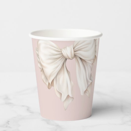 Cute Roze Witte Strik op Roze Bruidsdouche Papieren Bekers (Achterkant)