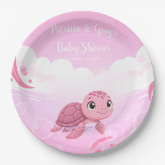 Cute Roze Zeeschildpad Meisje Baby Shower Papieren Bordje