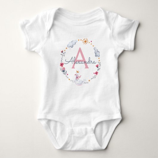 Cute roze zwaan en zonnebloem met monogram romper (Voorkant)