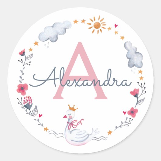 Cute roze zwaan en zonnebloem met monogram ronde sticker (Voorkant)