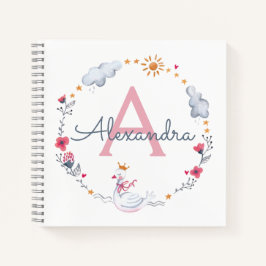 Cute roze zwaan & zon bloemenkrans met monogram notitieboek