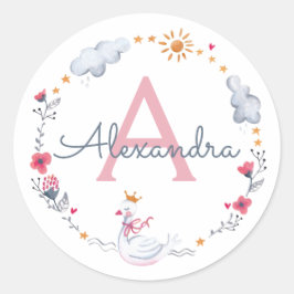 Cute roze zwaan & zon bloemenkrans met monogram ronde sticker