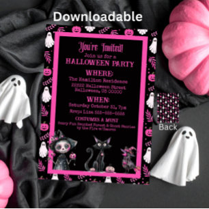 Cute Roze Zwart Witte Halloween Feest Uitnodiging