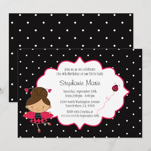 Cute roze zwarte ladybug verjaardagsfeestje kaart (Voorkant / Achterkant)