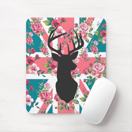 Cute  rozen U.K. Union Jack Flag hert head Muismat (Met muis)