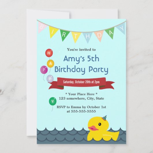 Cute Rubber Duck Baby Blue Birthday Invitations Kaart (Voorkant)
