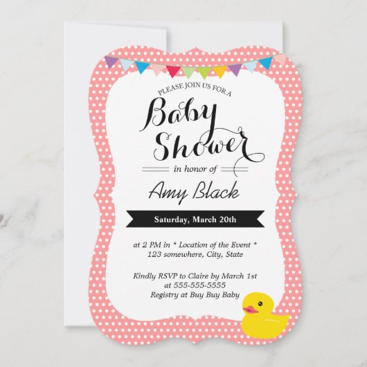 Cute Rubber Duck Polka Dots Baby shower Invitation Kaart (Voorkant)