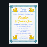 Cute Rubber Duck Stars Kids Birthday Party Kaart<br><div class="desc">Gepersonaliseerd voor de leeftijd van een kind, voor een jongen- of meisjesfeestje. De ontwerpgrens shows een tekening van een blauw lint met blauwe sterren op elke hoek, op een witte achtergrond. Elke hoek heeft ook een schattige gele rubbereend of eend, die zwemt op een kleine waterpuddel. Festief, leuk en erg...</div>