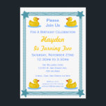 Cute Rubber Duck Stars Kids Birthday Party Kaart<br><div class="desc">Gepersonaliseerd voor de leeftijd van een kind, voor een jongen- of meisjesfeestje. De ontwerpgrens shows een tekening van een blauw lint met blauwe sterren op elke hoek, op een witte achtergrond. Elke hoek heeft ook een schattige gele rubbereend of eend, die zwemt op een kleine waterpuddel. Festief, leuk en erg...</div>