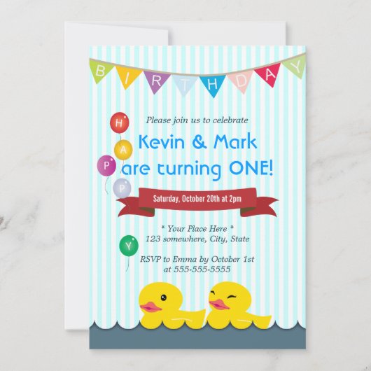 Cute Rubber Duck Twins Birthday Invitations Kaart (Voorkant)