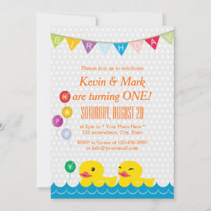 Cute Rubber Duck Twins Polka Dot Birthday Party Kaart