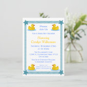 Cute Rubber Ducks Ribbon Stars Baby Boy Shower Kaart (Staand voorkant)