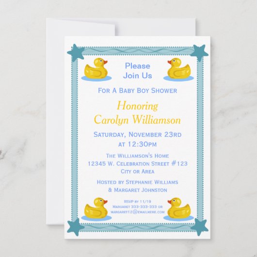 Cute Rubber Ducks Ribbon Stars Baby Boy Shower Kaart (Voorkant)