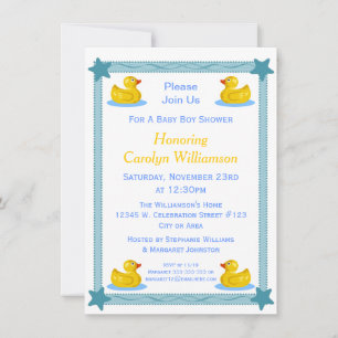 Cute Rubber Ducks Ribbon Stars Baby Boy Shower Kaart