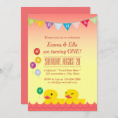 Cute Rubber Ducks Twin Girls Birthday Party Kaart (Voorkant / Achterkant)