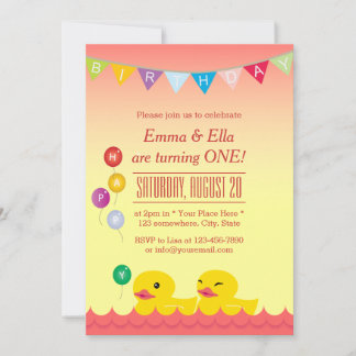 Cute Rubber Ducks Twin Girls Birthday Party Kaart