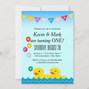 Cute Rubber Ducks Twins Birthday Party Kaart