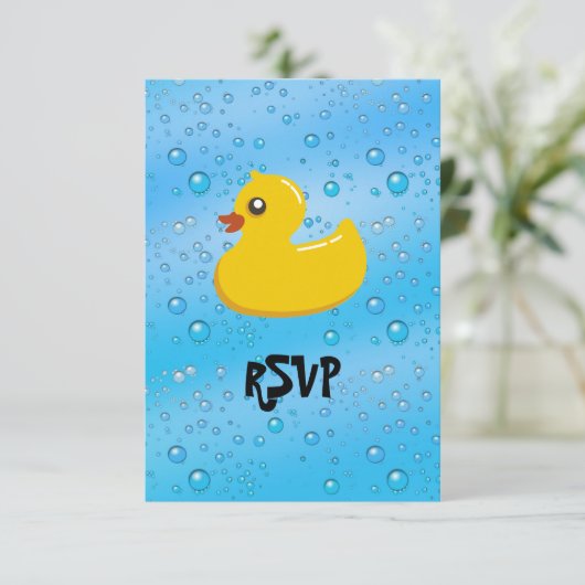 Cute Rubber Ducky/Blue Bubbles RSVP Kaartje (Staand voorkant)