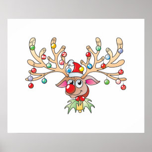 Cute Rudolf Reindeer met kerstlampjes Kaarten Poster
