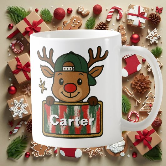 Cute Rudolph Green Cap Reindeer Mug for Boys Koffiemok