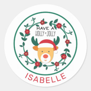Cute Rudolph Reindeer Holly Jolly Kerstmis Ronde Sticker