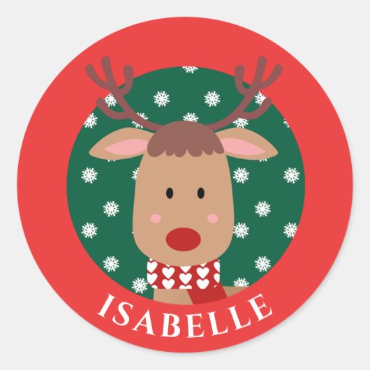 Cute Rudolph Reindeer Kerstmis Rood Klassiek Ronde Sticker (Voorkant)