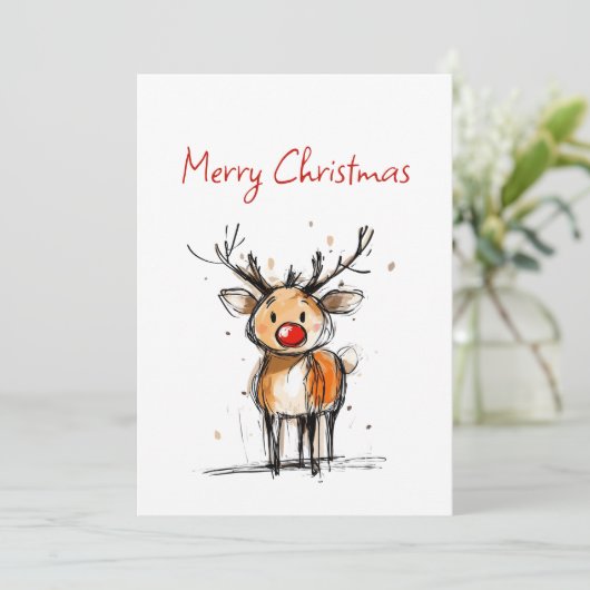Cute Rudolph Reindeer Sketch Merry Christmas Feestdagenkaart (Staand voorkant)
