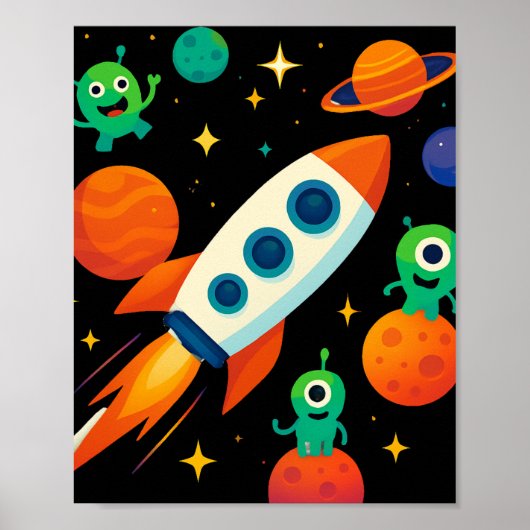 Cute Ruimteraket & Buitenaardse Kunst Poster (Voorkant)