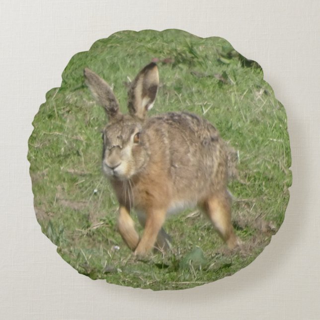 Cute Runing Hare Close-up Round Pillow Rond Kussen (Voorkant)