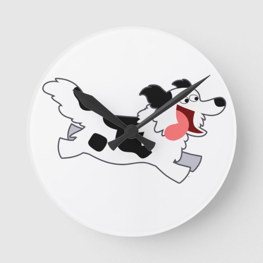 Cute Running Cartoon Border Collie Wall Clock Ronde Klok (Voorkant)