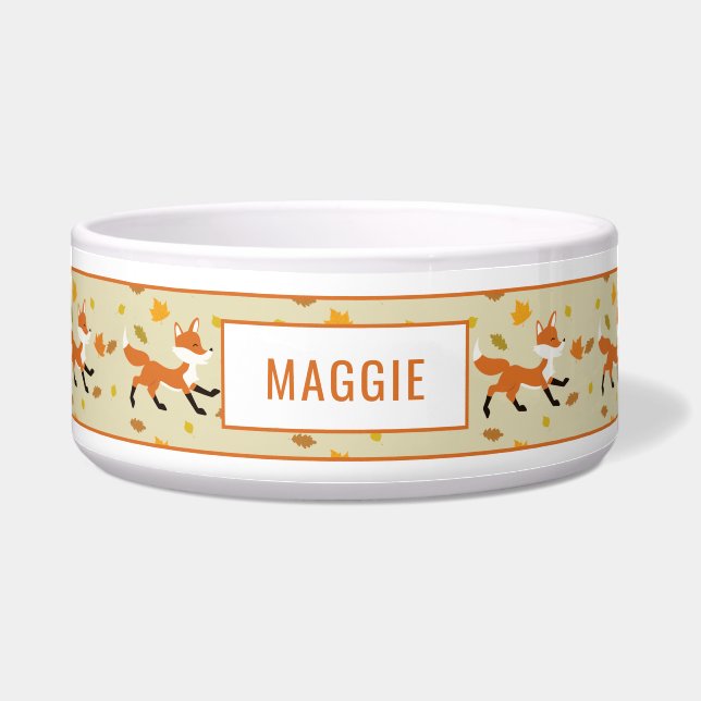 Cute Running Fox met Autumn Leaves & Name Voerbakje (Voorkant)