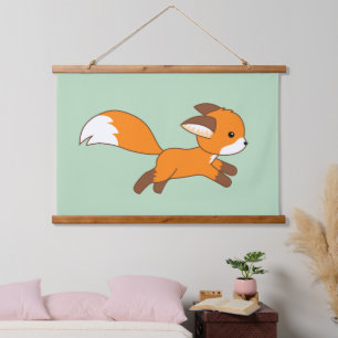 Cute Running Fox on Green Hangend Wandkleed