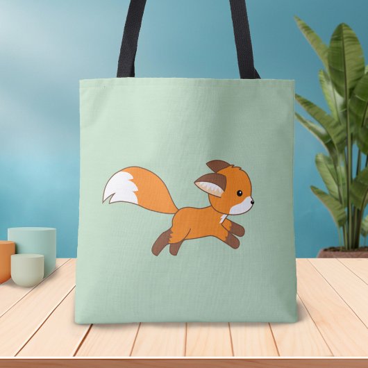 Cute Running Fox on Green Tote Bag