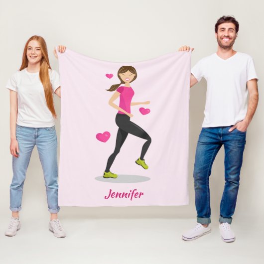 Cute Running Girl Illustratie met naam roze Fleece Deken (In situ)