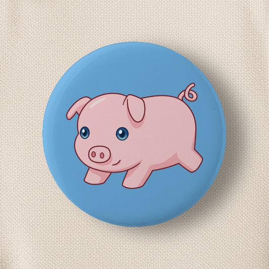 Cute Running Piglet Pig on Blue Ronde Button 5,7 Cm