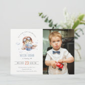 Cute Rust Blue Airplane Teddy Stars Foto Birthday Kaart (Staand voorkant)