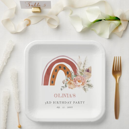 Cute Rust Boho Floral Rainbow Any Age Birthday Papieren Bordje (Huwelijk)