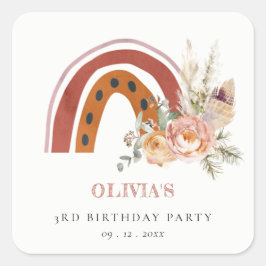 Cute Rust Boho Floral Rainbow Any Age Birthday Vierkante Sticker