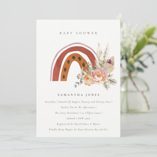 Cute Rust Boho Floral Rainbow Baby shower Invite Bedankkaart (Staand voorkant)