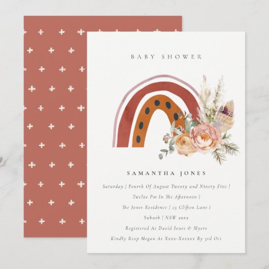 Cute Rust Boho Floral Rainbow Baby shower Invite Bedankkaart (Voorkant / Achterkant)
