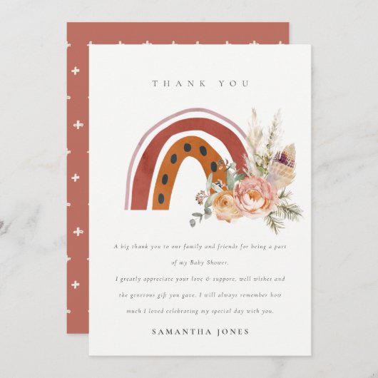 Cute Rust Boho Oranje Floral Rainbow Baby shower Bedankkaart (Voorkant / Achterkant)
