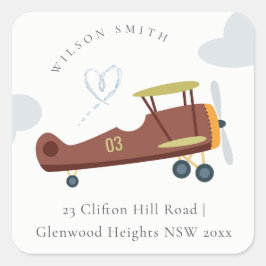 Cute Rust Green Blue Biplane Cloud Heart Address Vierkante Sticker