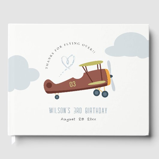 Cute Rust Green Blue Biplane Cloud Heart Birthday Gastenboek (Voorkant)