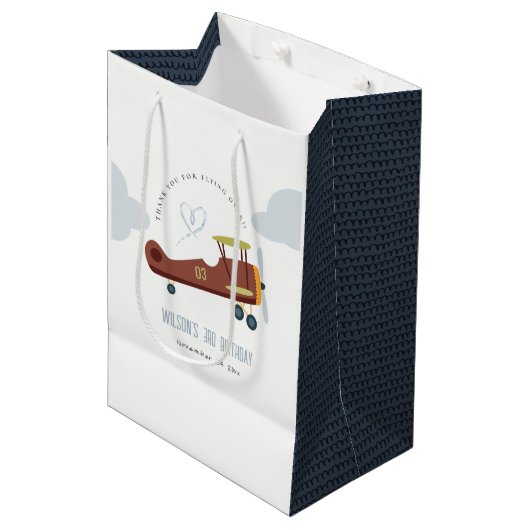 Cute Rust Green Blue Biplane Cloud Heart Birthday Medium Cadeauzakje (Voorkant Gekanteld)