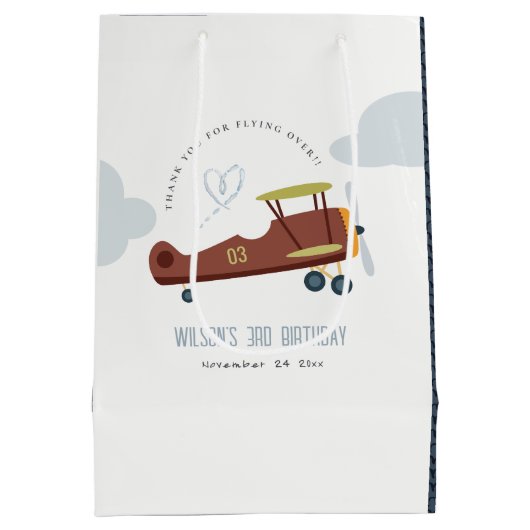 Cute Rust Green Blue Biplane Cloud Heart Birthday Medium Cadeauzakje (Achterkant)