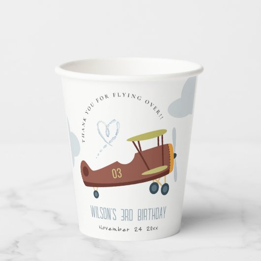 Cute Rust Green Blue Biplane Cloud Heart Birthday Papieren Bekers (Voorkant)